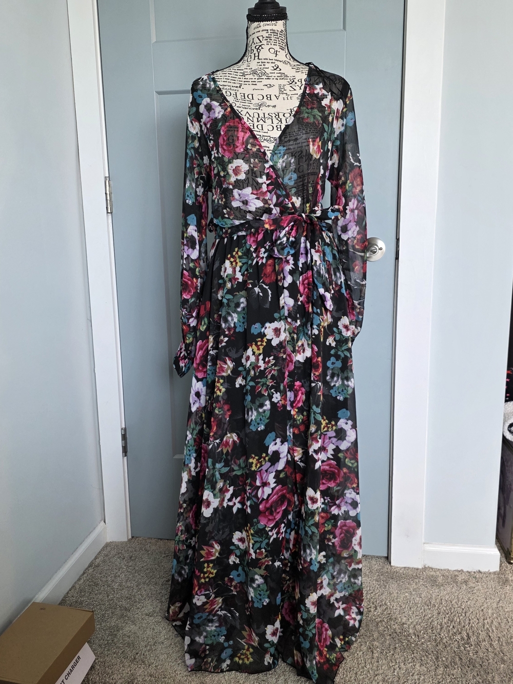 Spy Zone Exchange Black Floral Chiffon Maxi Wrap Dress Long Sleeve Size L